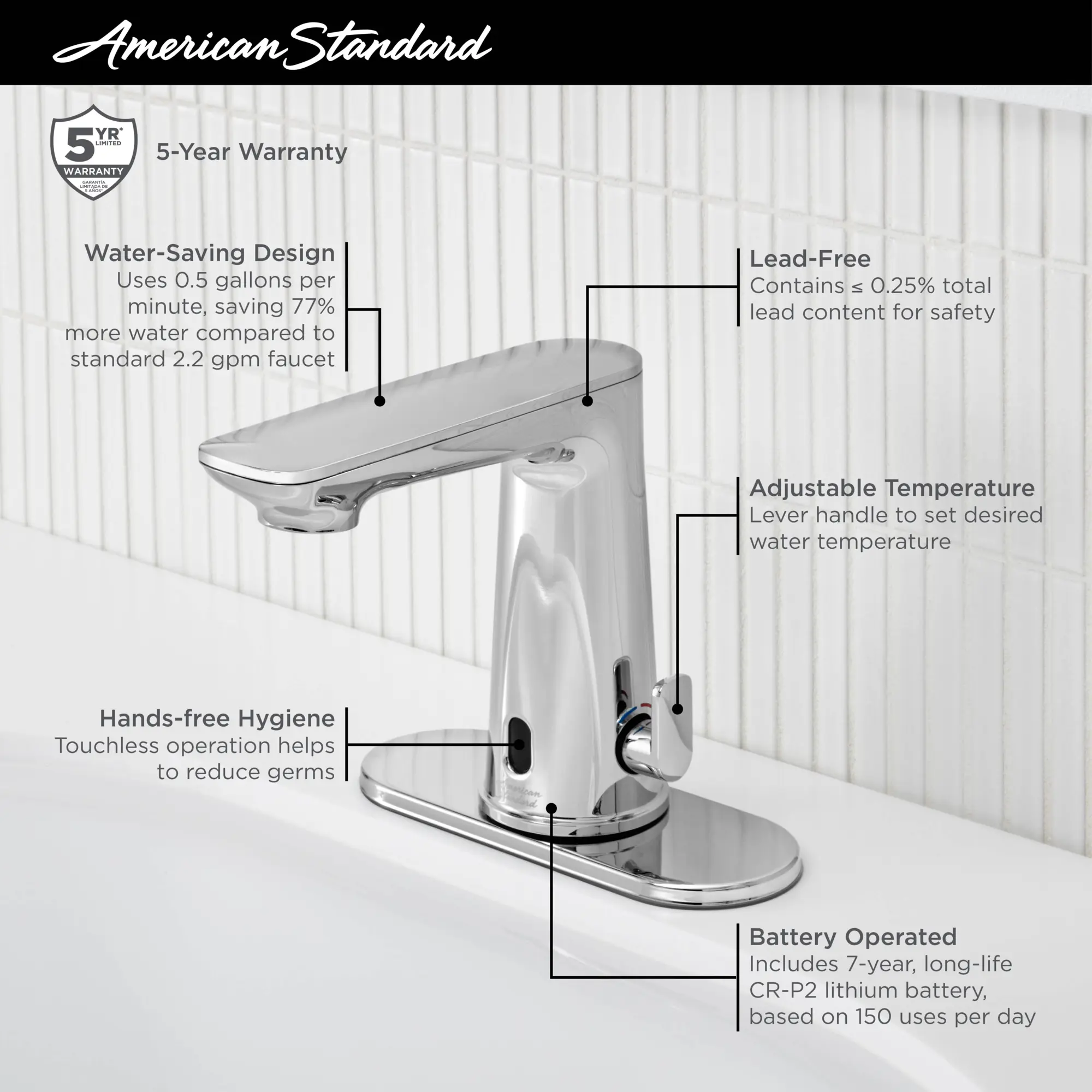 Clean IR Touchless Faucet, Battery-Powered with Above-Deck Mixing, 0.5 gpm/1.9 Lpm - Image 5